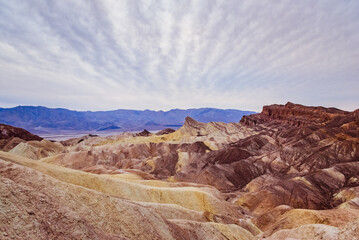 Zabriskie view point on Death Valley under cloudy sky