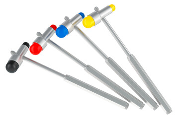 Reflex hammers, different colors. 3D rendering isolated on transparent background