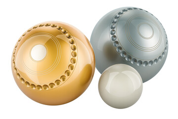 Lawn bowls and jack, silver and gold color. 3D rendering isolated on transparent background
