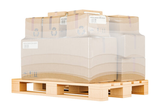 Wooden Pallet with parcels wrapped in stretch film, 3D rendering isolated on transparent background