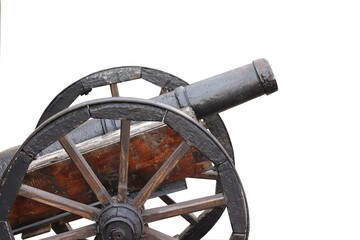 Restored medieval cannonball cannon on a white background.
