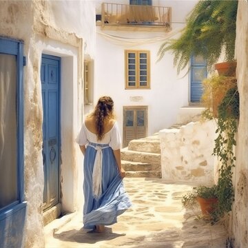 romantic image, woman from behind in period dress, Greek village decor