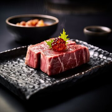 Takeshi Mizukoshi professional close-up food photography of wagyu beef served on an expensive Japanese style ceramic plate, high-end Japanese restaurant, studio lighting, unsplash