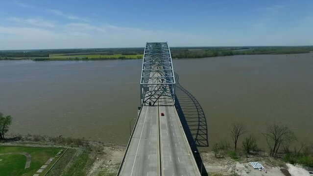 Hernando de Soto Bridge in Memphis Mississippi River, Trafic in Background. Arkansas and Tennessee Line. Drone