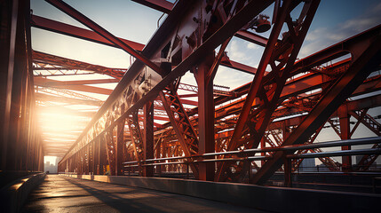 Metal bridge structures. Steel use for bridge construction. - obrazy, fototapety, plakaty