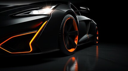 Sports car black color close up view - wheels and neon headlights , copy space.