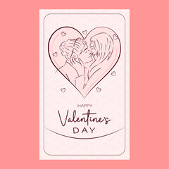 Fototapeta na wymiar card with illustration of a couple kissing for Valentine's Day, decoration with silhouette of hearts