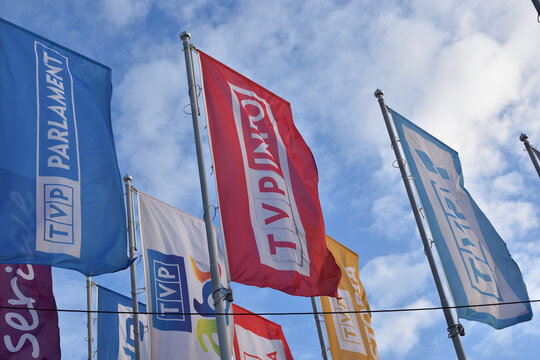 TVP Polish television (Telewizja Polska) flags near the main office building. WARSAW, POLAND - JANUARY 19, 2020