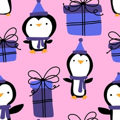 Christmas animals seamless penguin pattern for wrapping paper and fabrics and kids print and winter packaging