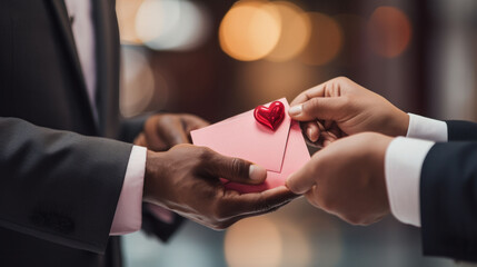 Two professionals exchange a pink Valentine's envelope, sealed with a heart, amidst the office setting, blending romance with corporate formality. 