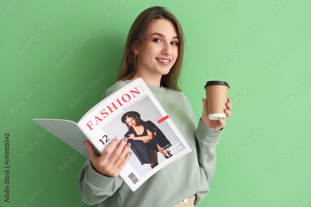 Canvas Prints Beautiful woman with fashion magazine and coffee cup on green background