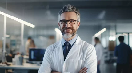Foto op Plexiglas Mature male doctor wearing a white coat and glasses in a modern Medical Science Laboratory with a team of Specialists in the background © Ahmad