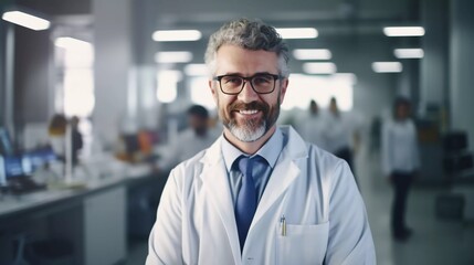Mature male doctor wearing a white coat and glasses in a modern Medical Science Laboratory with a team of Specialists in the background - obrazy, fototapety, plakaty
