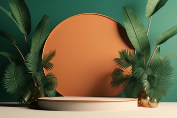 Peach fuzz colored podium stage for show product with green Monstera and palm leaves on orange background