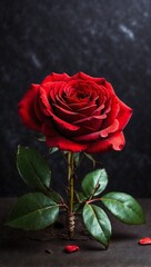 Red Rose on Dark Background, International Valentine's Day, Space for Text