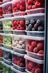 Frozen berries and healthy vegetables stored in reusable box containers