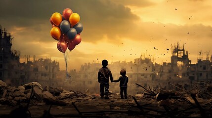 Children with balloons over the city burning destruction due to war conflict, earthquake or fire and smoke of world war
