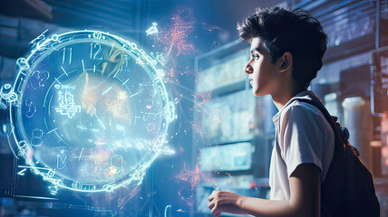 Tech-savvy guy, views futuristic 3D panel, wears high-tech watch.