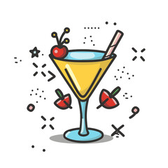 Alcoholic or non-alcoholic drinks with ice and slices of orange and lime. Margarita tasty beverage with cherry. Bloody marry in pub or bar, restaurant serving menu. Vector in flat cartoon style