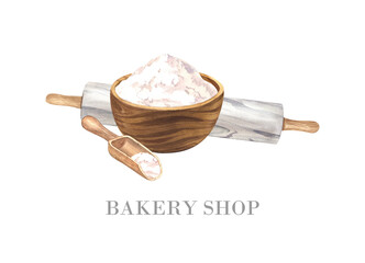 Wooden bowl with wheat flour, wooden scoop and rolling pin. Watercolor hand drawn illustration, isolated on white background. For bakery, cafe, restaurant menu element.
