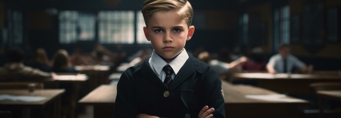A young boy in a suit and tie standing in front of a classroom. Generative AI. - obrazy, fototapety, plakaty