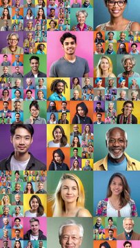 Diverse people mosaic loop. Social network or business team. All people are fictitious AI generated images. Vertical video.