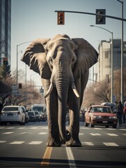 A large elephant walking down a street next to a traffic light. Generative AI.