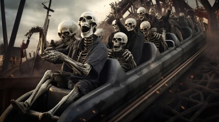 A group of skeletons riding on top of a roller coaster. Generative AI.