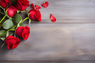 Passionate Valentine's Day: Red Rose and Petals on Elegant Black Wood - Created with Generative AI Tools