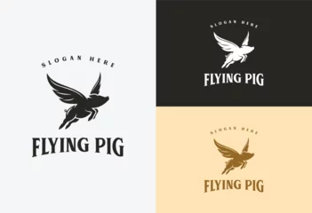 Fotobehang flying pig logo design vector illustration in vintage style © Been ink