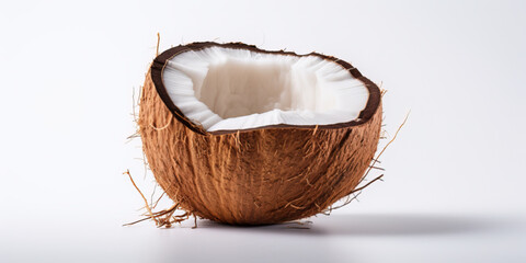 A coconut cut in half on a white background