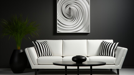 Living room - white sofa - abstract artwork - black and white monochrome 