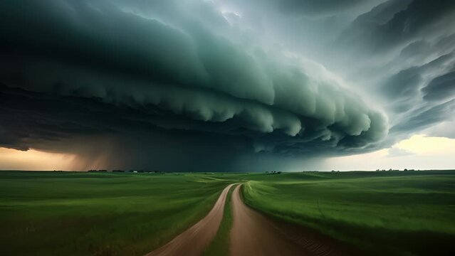 Storm over a green field and a country road. Camera slowly moves forward. Generative AI.