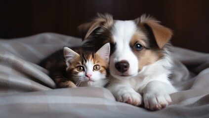 Generative AI image of puppy and kitten laying together on a blanket