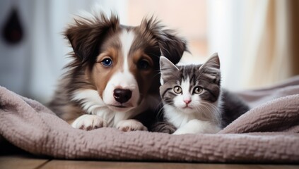 Generative AI image of puppy and kitten laying together on a blanket