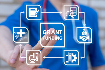 Doctor using virtual touch screen presses inscription: GRANT FUNDING. Concept of healthcare grants...