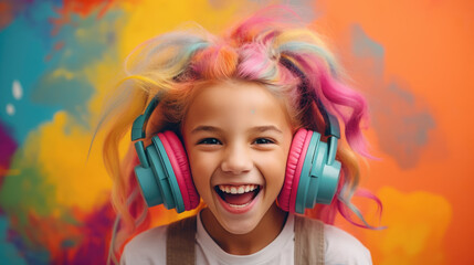 beautiful cute girl with colored pink hair in large music headphones, young woman, fashion, portrait, emotional face, smile, stylish clothes, teenager, student, colorful background, dj