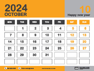 October 2024 year, Calendar 2024 template, week start on monday, Desk calendar 2024 design, simple, Wall calendar, Corporate design planner template vector, printing media, yellow background