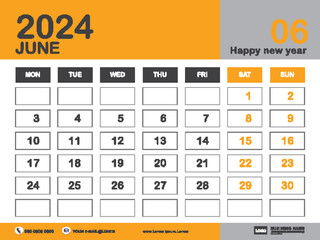 June 2024 year, Calendar 2024 template, week start on monday, Desk calendar 2024 design, simple, Wall calendar, Corporate design planner template vector, printing media, yellow background
