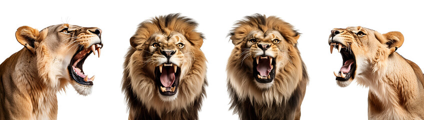 set of agressive lion and lioness, close up, Isolated on Transparent Background, PNG