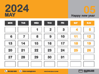 May 2024 year, Calendar 2024 template, week start on monday, Desk calendar 2024 design, simple, Wall calendar, Corporate design planner template vector, printing media, yellow background