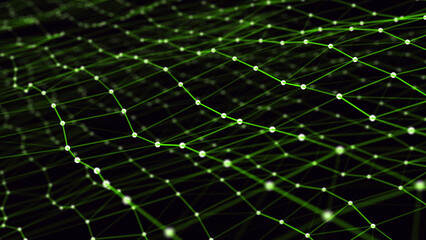 Green network connection wavy texture or structure. Abstract technology backdrop with points and lines. Big data visualization. 3D rendering.