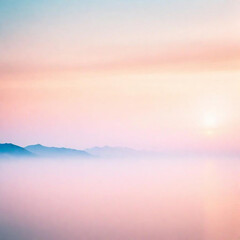 Bello Paisaje de amanecer con el sol al fondo y cielo en tonos rosa pastel degradados, montañas  con neblina matutina y un lago que refleja el cielo. - obrazy, fototapety, plakaty