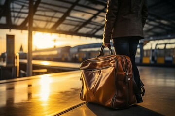 Suitcase in hand, man prepares for departure on train platform - obrazy, fototapety, plakaty