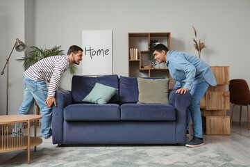 Handsome young brothers moving sofa in living room