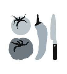 Tomatoes, pepper, knife. Hand-drawn flat vector kitchen elements isolated on the white background
