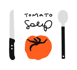 Tomato, knife, spoon and handwritten text. Kitchen cooking hand-drawn motif. Flat vector illustration isolated on a white background - 696110964