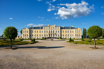View of Latvian tourist landmark attraction -  Rundale palace and summer french garden,...