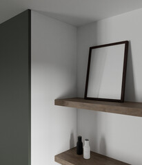tiny and minimalist dark wooden frame mockup on the wooden kitchen shelf with beautiful decoration