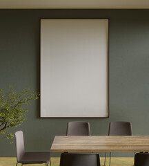 aesthetic and minimalist frame mockup poster hanging on the green wall in the dining room with plant tree decor